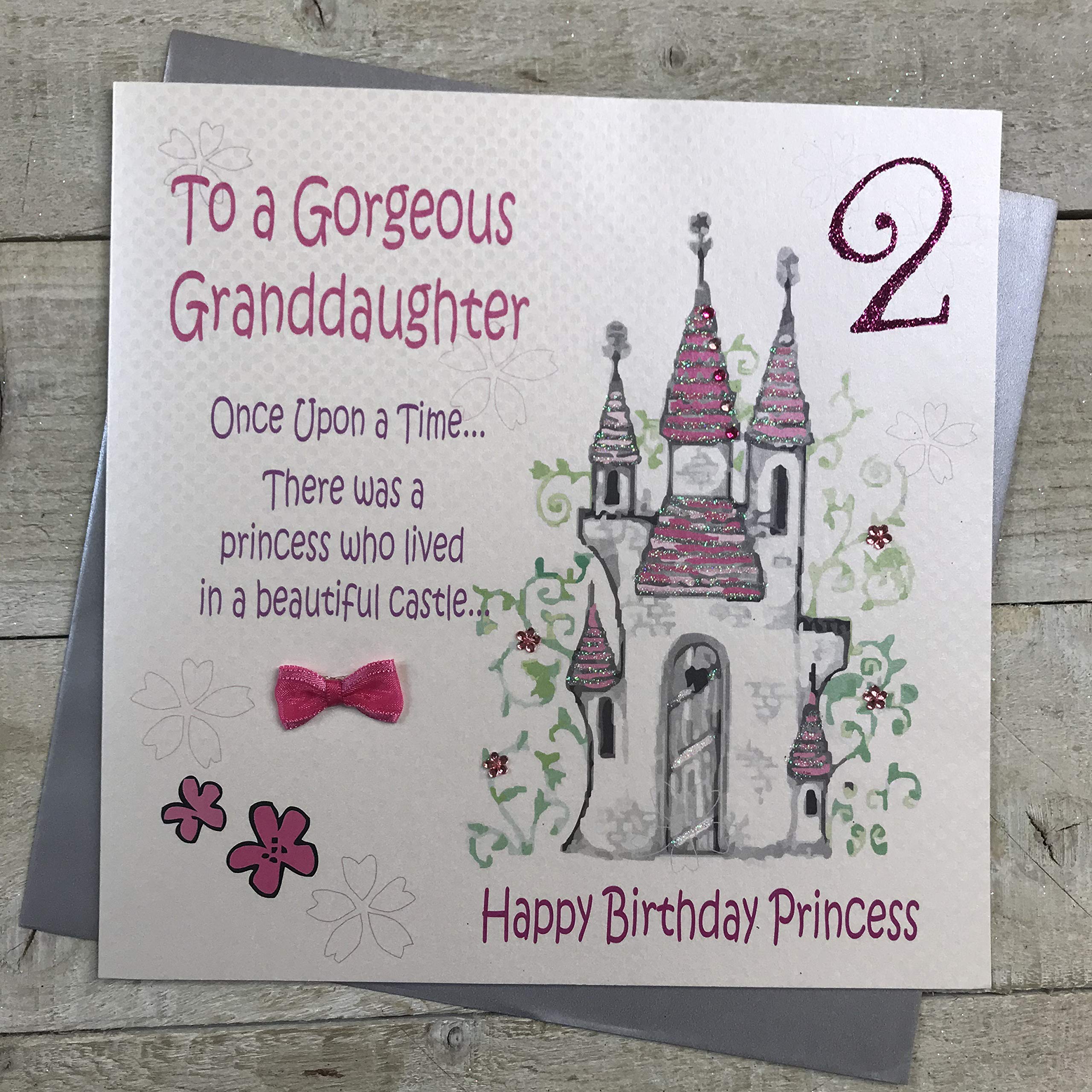 White Cotton Cards Large"to a Gorgeous Granddaughter Once a Upon a Time 2…Happy Birthday Princess" Handmade Card, XGL4-2,grey|white|green|black,22cm x 22cm