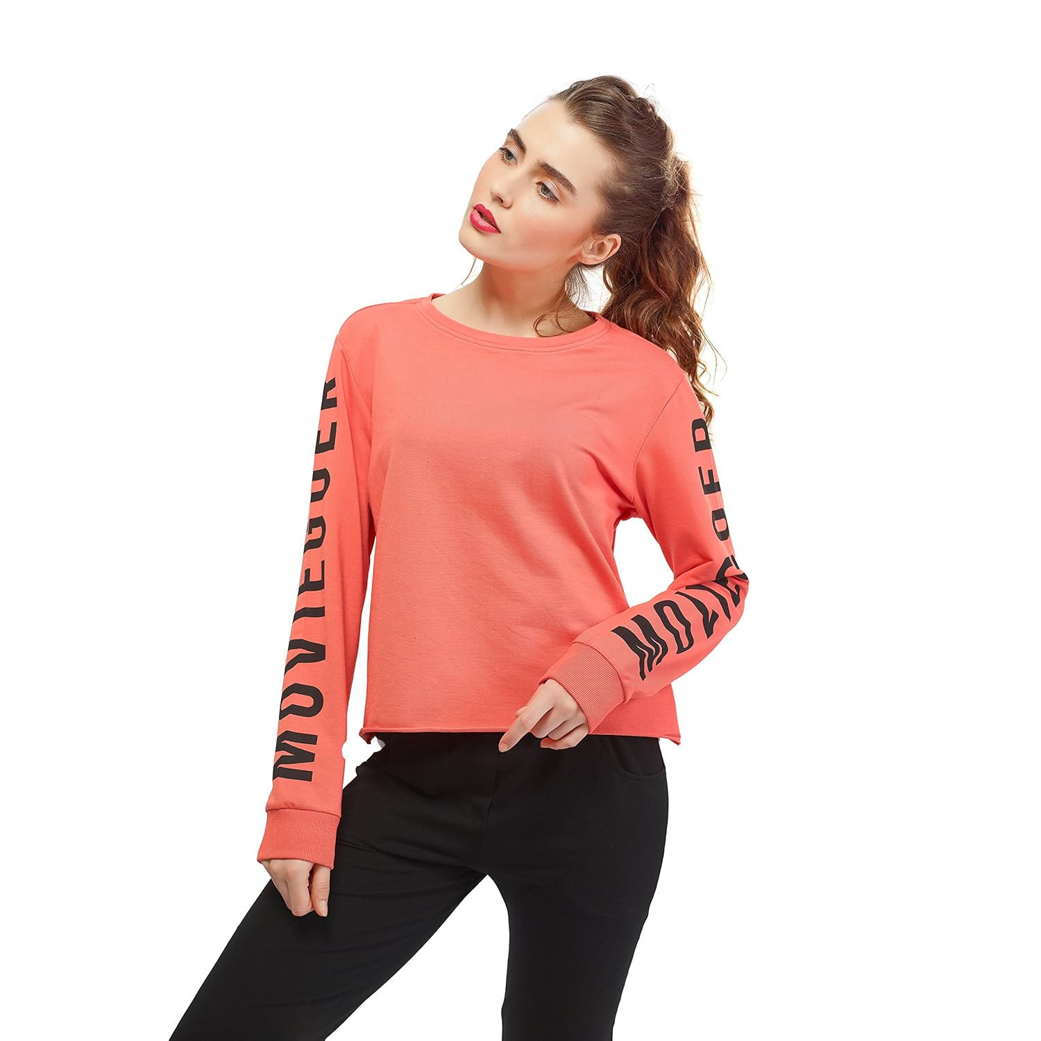 zeyo women cotton peach crop top full sleeve round neck solid plaintees