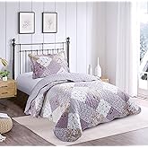 Brilliant Sunshine Lilac and Beige Rose Patchwork, 2-Piece Quilt Set with 1 Sham, Reversible Bedspread, Soft Lightweight Coverlet, All-Season, Twin, Lilac