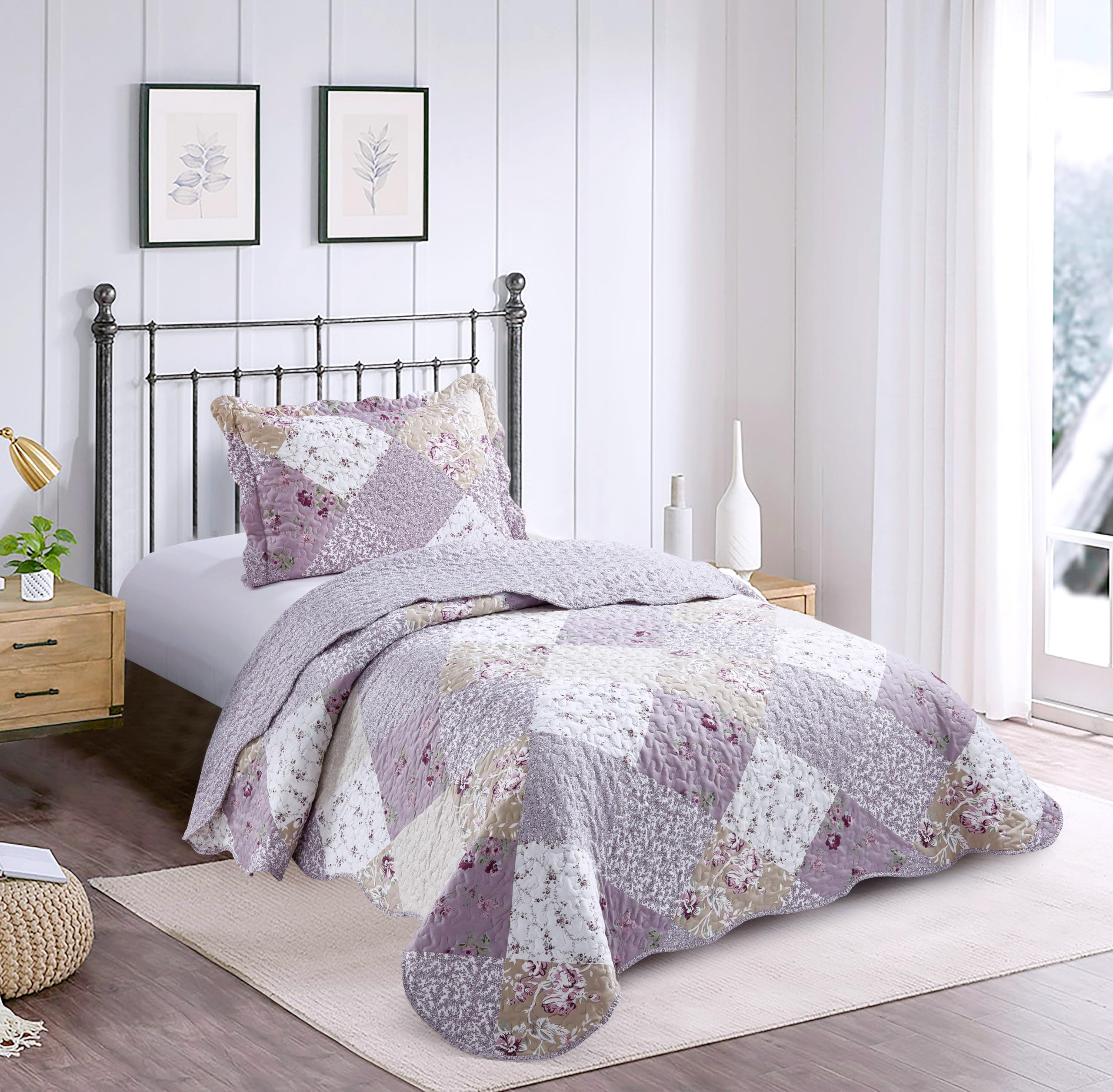 Photo 1 of Brilliant Sunshine Lilac and Beige Rose Quilt Set, 2-Piece Bedding Sets with 1 Sham, Patchwork Design, Washable and Reversible Bedspread, Soft Lightweight Coverlet, All-Season, Twin/Twin XL
