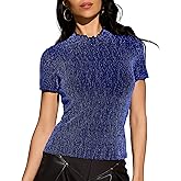 YYA Women's Turtle Neck Sparkly Tops Short Sleeve Shirt Slim Fit Shiny Blouse for Summer Casual & Night Out (S-XXL)