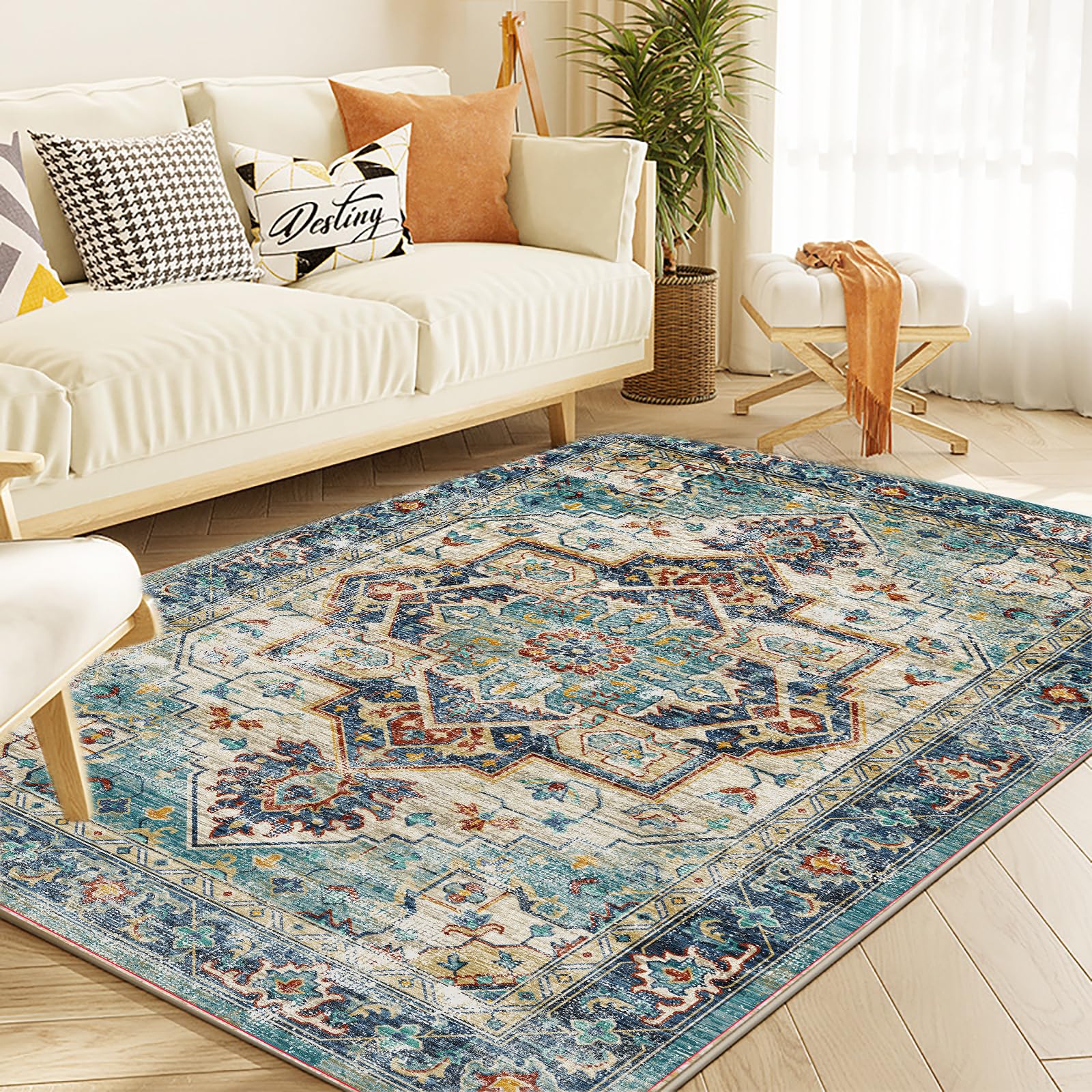 Photo 1 of Yancorp 3'x5' Boho Area Rug for Bedroom Non Slip Washable Rug Vintage Carpet Living Room Indoor Door Mat Bedroom Kitchen Entryway Rug for Entrance Lake Blue