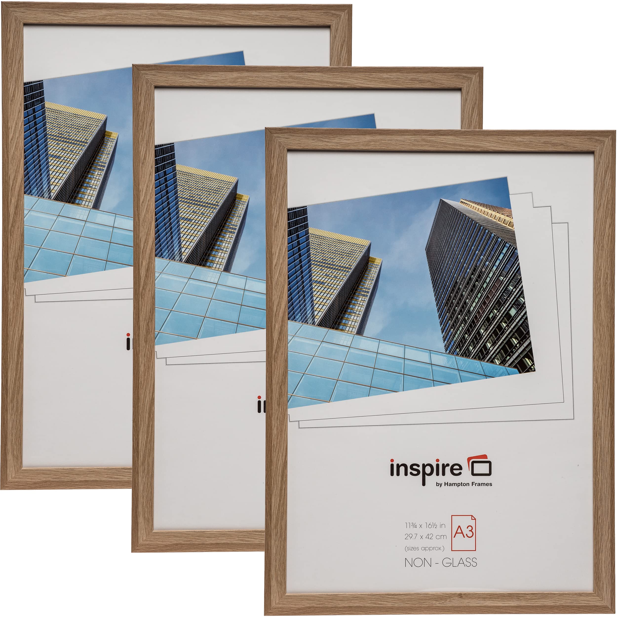 Hampton Frames, SORBONNE A3 Picture Frame 3 Pack, 30x42cm Oak Effect MDF, Acrylic Front, Wall Mount, Landscape or Portrait | Display for Photos, Posters, Certificates