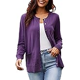 OPREXO Women's Casual Open Front Button Long Sleeve Knit Pocket Lightweight Cardigan