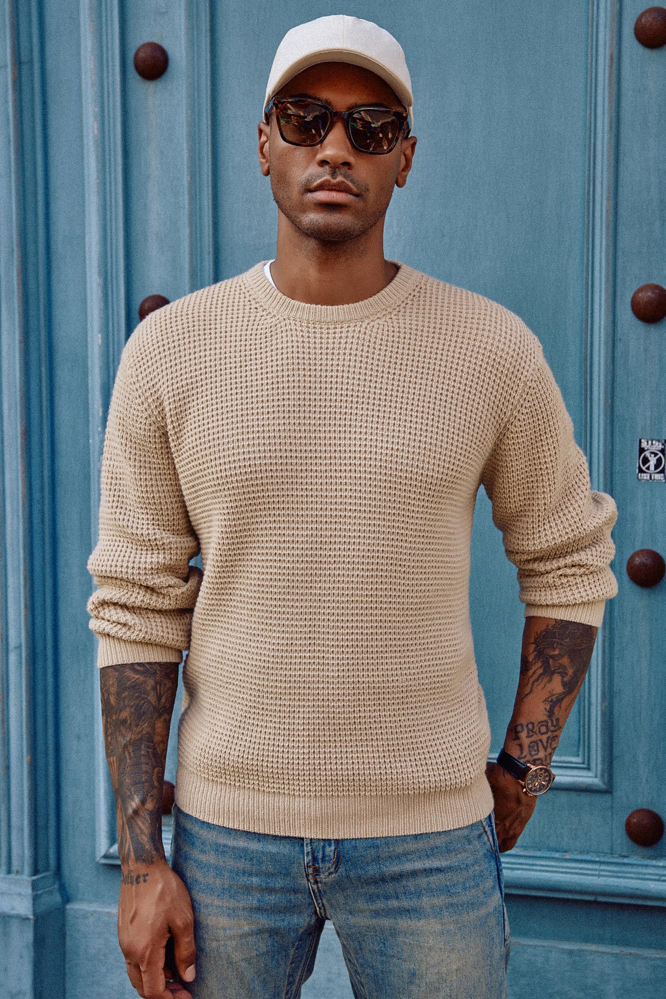 PJ PAUL JONES Mens Crewneck Pullover Sweater Waffle Textured Long Sleeve Knitted Sweaters