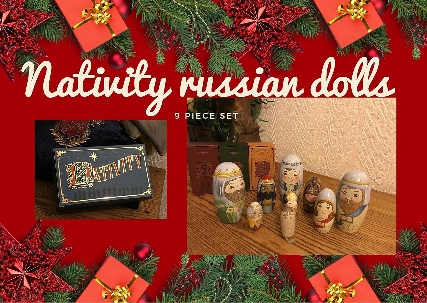 The Tile Sticker Company Large traditional nativity wooden paint matryoshka babushka russian nesting dolls jesus mary joseph 9 piece russian doll set christmas stacking jesus - Image 4