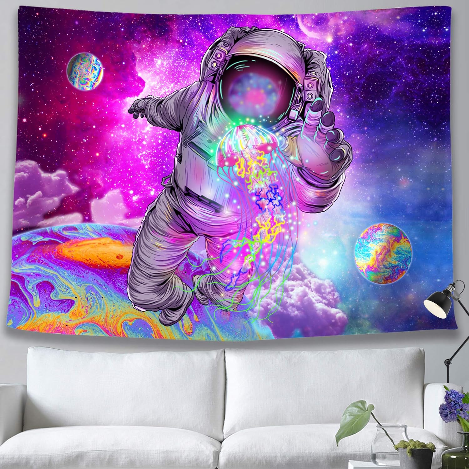 pinata Trippy Astronaut Tapestry Space Galaxy Tapestry Psychedelic Jellyfish Cool Aesthetic Decor, Hippie Colorful Planet Tapestry Wall Hanging for Teen Bedroom Dorm, Purple Starry Sky 51x59 Inches