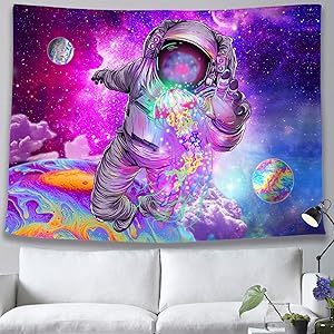 pinata Trippy Astronaut Tapestry Space Galaxy Tapestry Psychedelic Jellyfish Cool Aesthetic Decor, Hippie Colorful Planet Tapestry Wall Hanging for Teen Bedroom Dorm, Purple Starry Sky 51x59 Inches