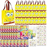 Spongebob Party Favors Ultimate Bundle - 24 Guest Set with Party Bags, Mini Coloring Activity Book Set, Stickers, and Temporary Tattoos | Spongebob Birthday Party Supplies for Kids