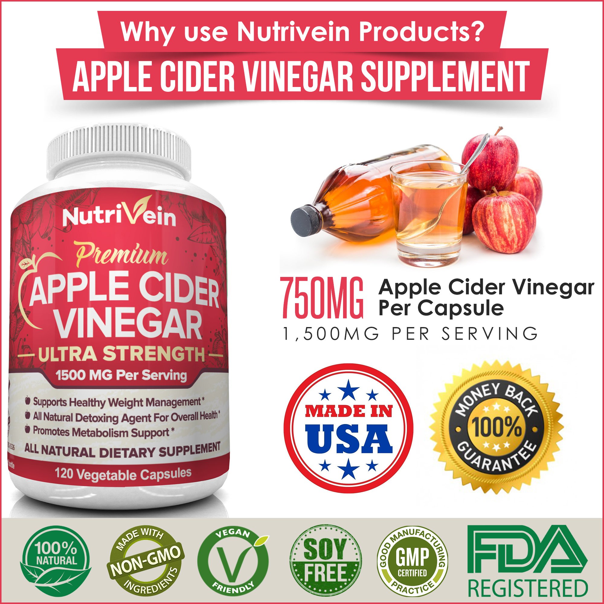 Nutrivein Apple Cider Vinegar Capsules with Mother 1600mg 120 Vegan Pills Supports Healthy