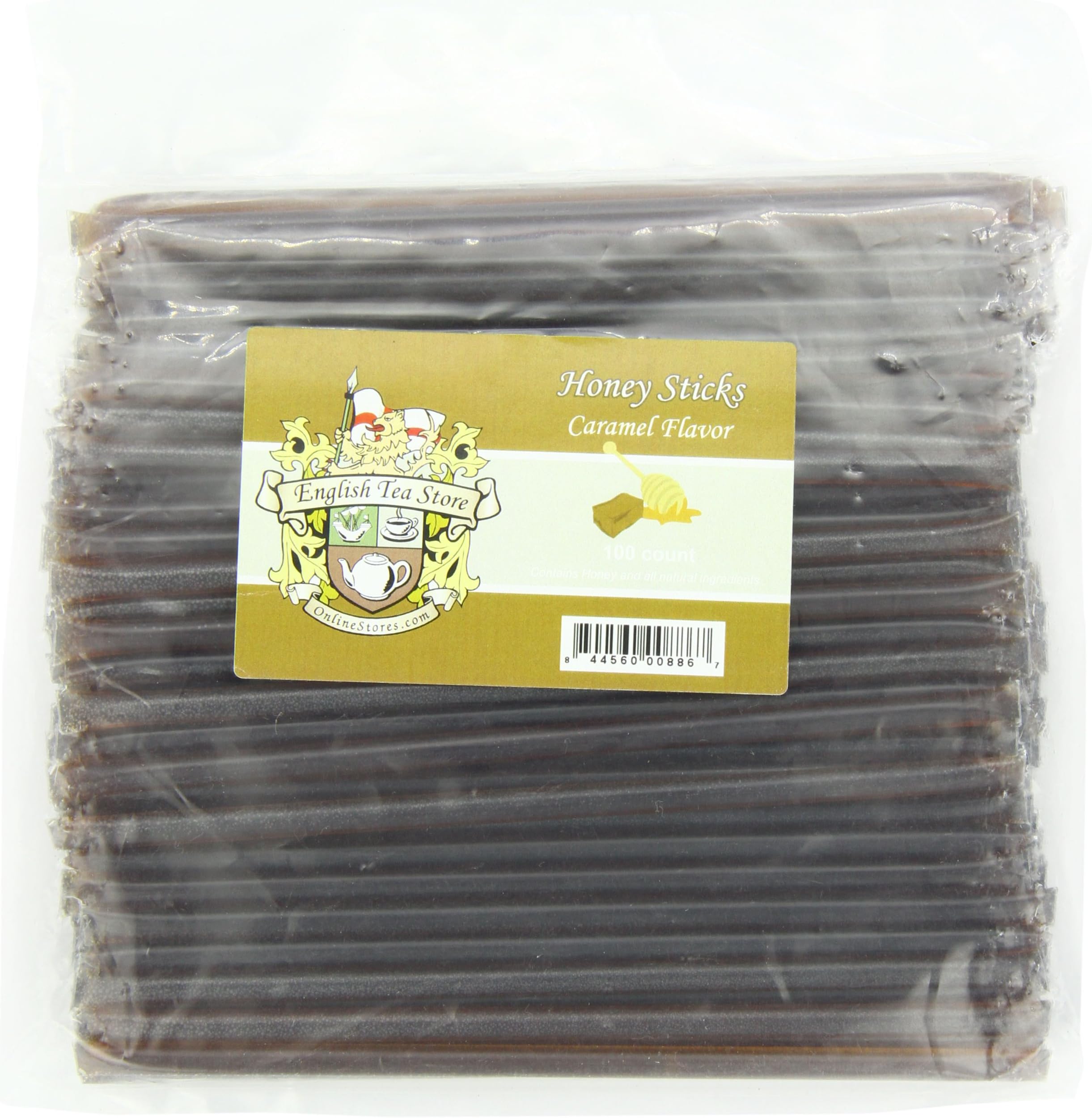 English Tea Store All-Natural Honeystix With Gluten-Free Grade A Honey | Mini Honey Sticks For Tea, Cake Pops Or Snacks | Portable Sweet Treat | Caramel Flavored Honey Sticks - 100 Ct