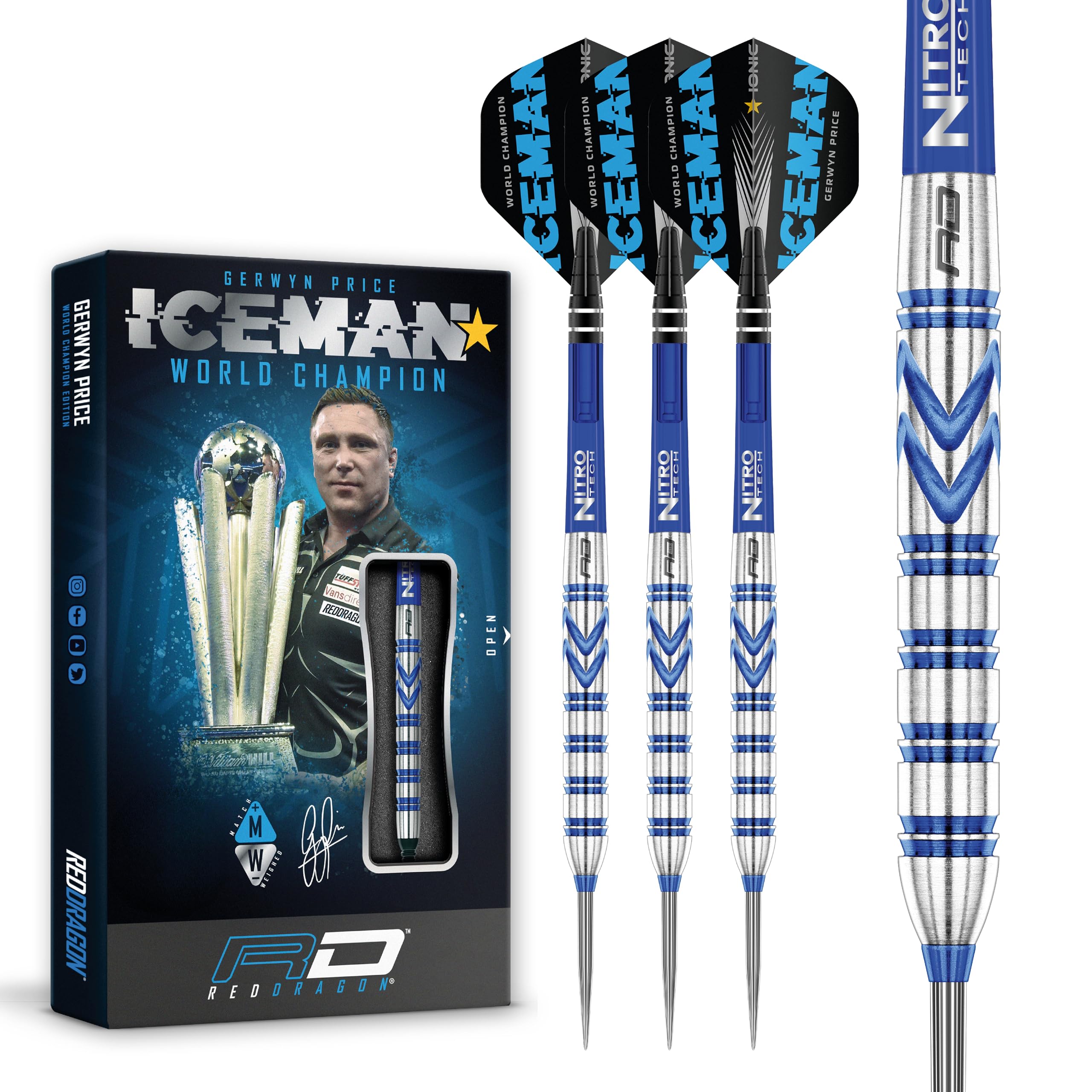 RED DRAGON Gerwyn Price Blue Iceman Originals - Tungsten Darts Set | 90% Professional Steel or Soft Tip Darts with Flights & Stems | Precision Balanced | High-Performance Dart