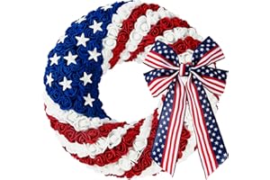 Sggvecsy 14Inch 4th of July Patriotic Day Wreath Artificial Roses Wreath for Front Door Red Blue White Foam Flower Wreath with Star Patriotic Decorations for Memorial Day Independence Day Veterans Day