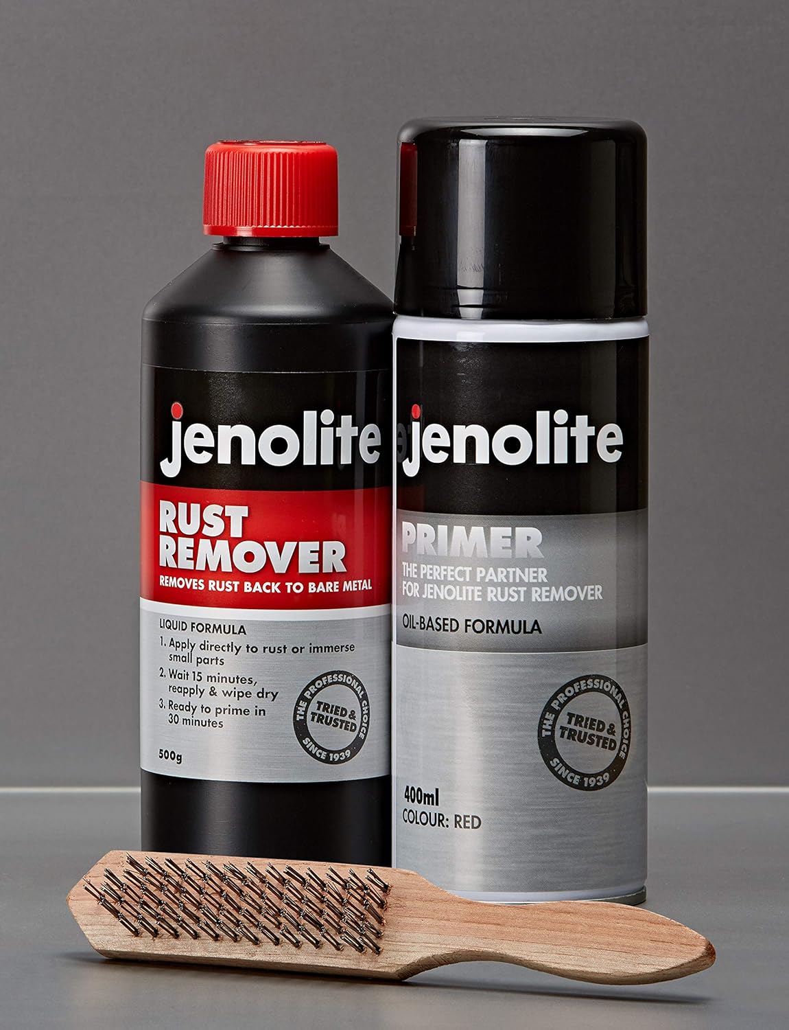 Jenolite 500g Rust Remover Liquid + 400ml Primer Aerosol + Brush