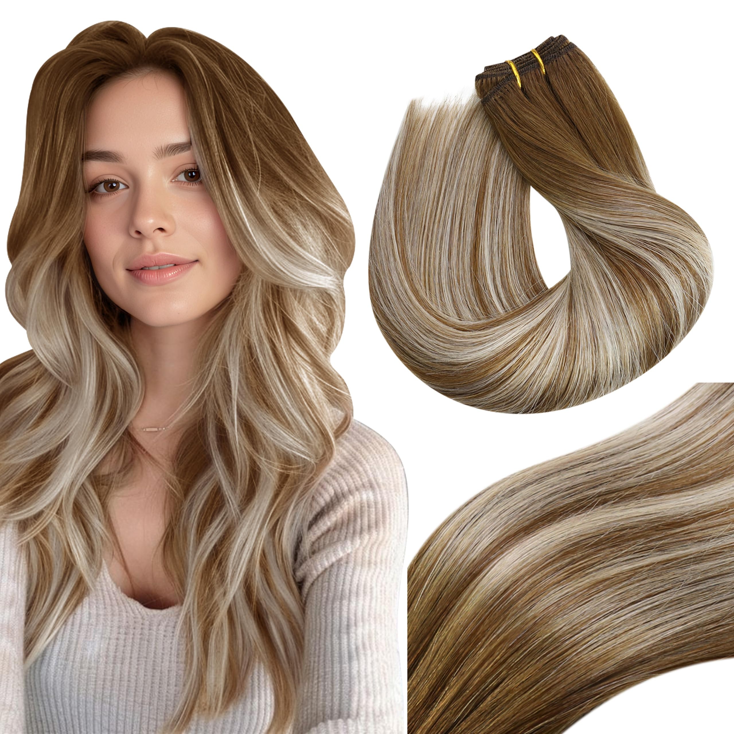Vivien Weft Hair Extensions Real Human Hair Balayage Sew in Weft Human Hair Extensions Brown to Platium Blonde Mix Brown Sew in Human Hair Extensions Straight Hair 16 Inch 100g #8/60/8