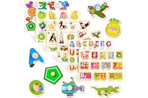 OCTERIC 6 Pack Wooden Peg Puzzles Set for Toddlers 3 4, Preschool Educational Pegged Knob Puzzle Toy Wooden Learning Toys for Baby Boys and Girls Age 3-4