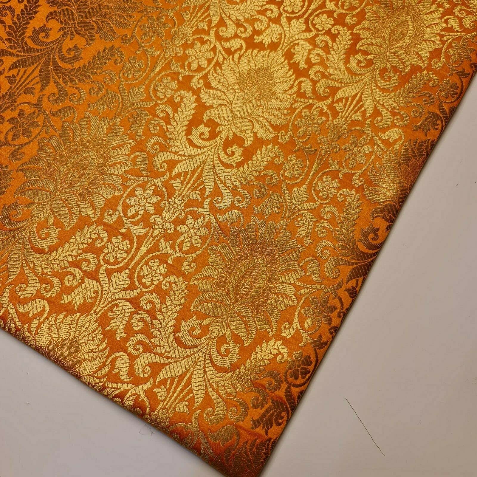 Floral Gold Leaf Damask Metallic Indian Banarasi Brocade Fabric Design 44" (Peach) — image 1