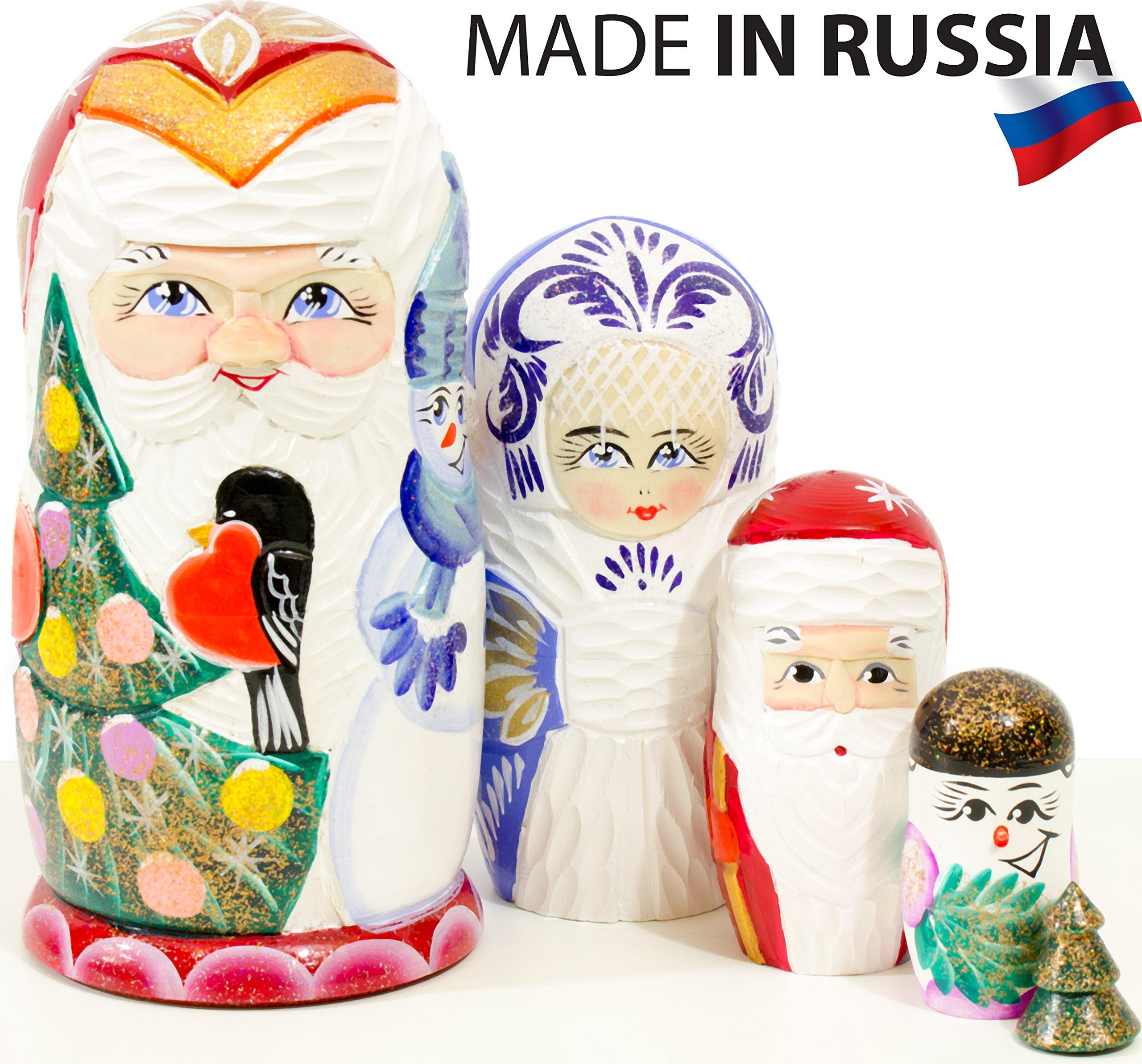 Santa and Friends - Russian Nesting Doll - Hand Painted (6.75`` (5 Dolls in 1), Wooden Santa Nesting Doll - C)