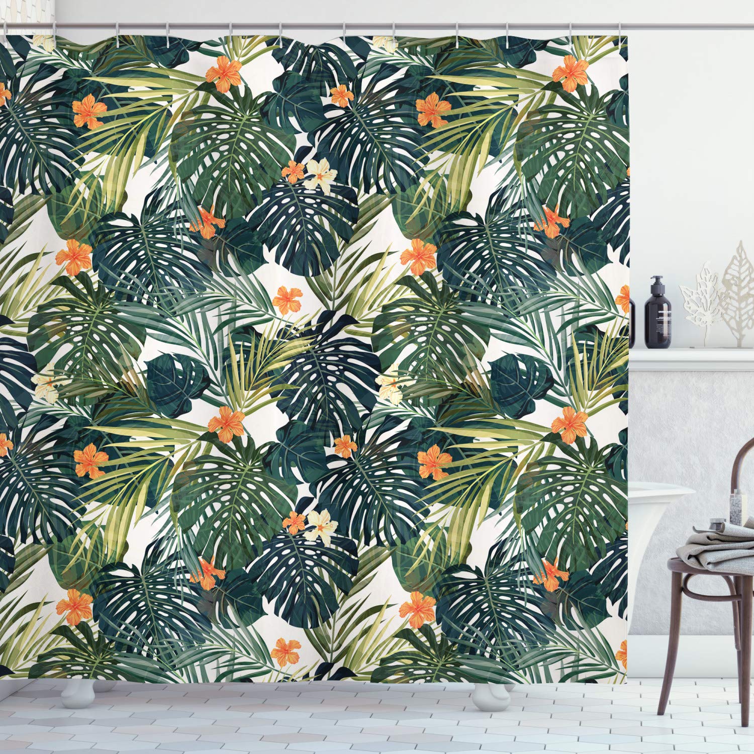 ABAKUHAUS Hawaii Shower Curtain, Colorful Palm Trees Tropical Plants with Botanical Inspirations, Cloth Fabric Bathroom Decor Set with Hooks, 78" Inches, Jade Green Fern green