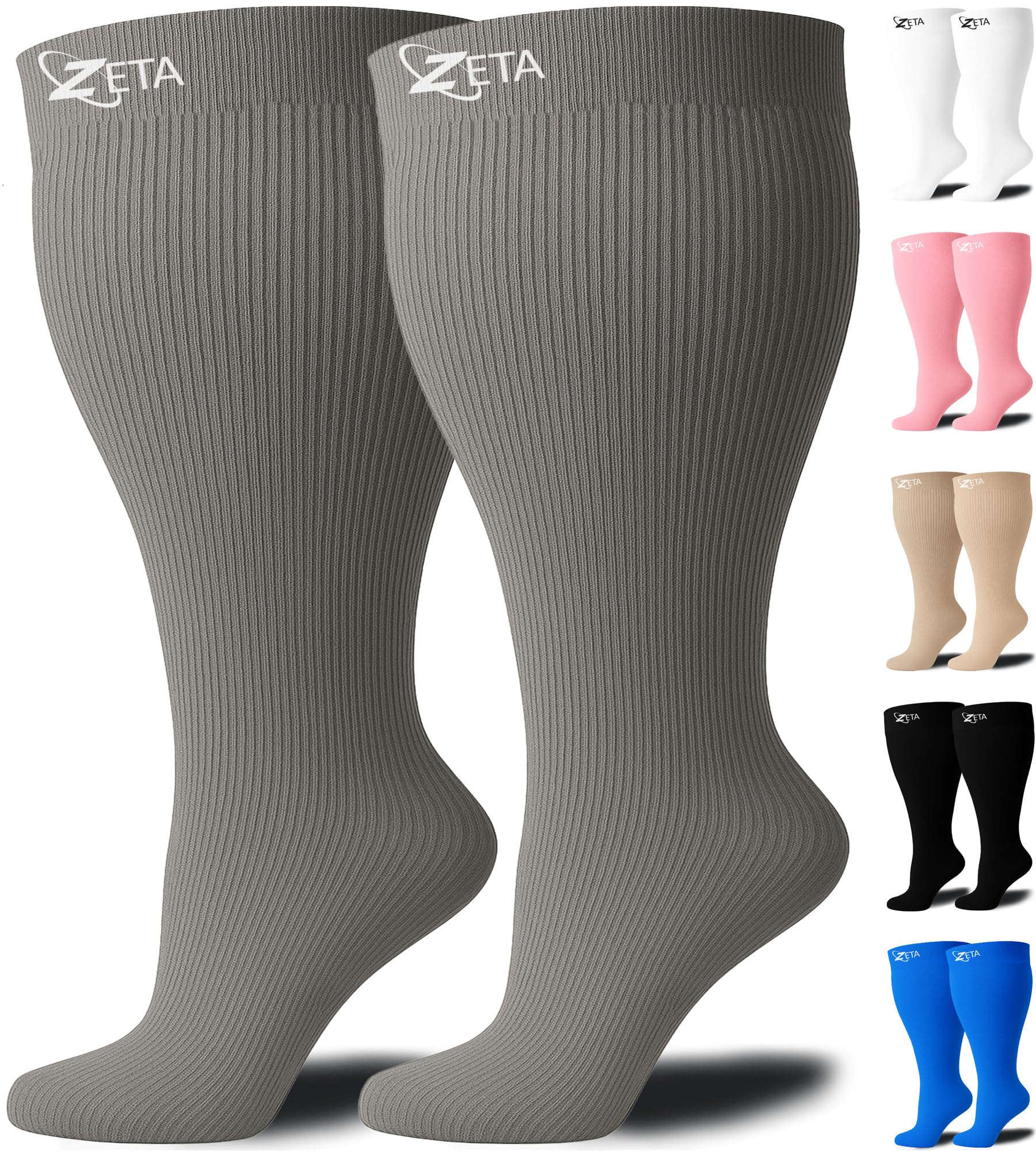 Zeta Wear Plus Size Leg Sleeve Support Socks - The Wide Calf Compression Socks Men and Women Love for Its Amazing Fit, Cotton-Rich Comfort, Compression & Soothing Relief, 1 Pair, 4XL, Gray