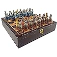 HPL Medieval Times Crusades Knight Red & Blue Busts Chess Men Set w/ Large 20" Cherry Color Storage Board