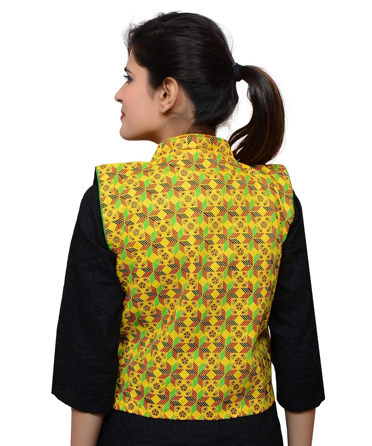 banjara women's poly cotton india kutchi printed jacket (yellow, free size)