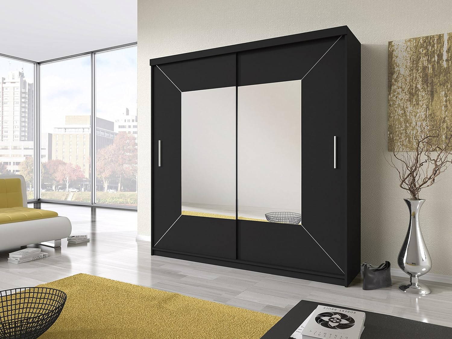 Sliding Wardrobe Black Mirror Centre 163cm Amazon Co Uk Kitchen