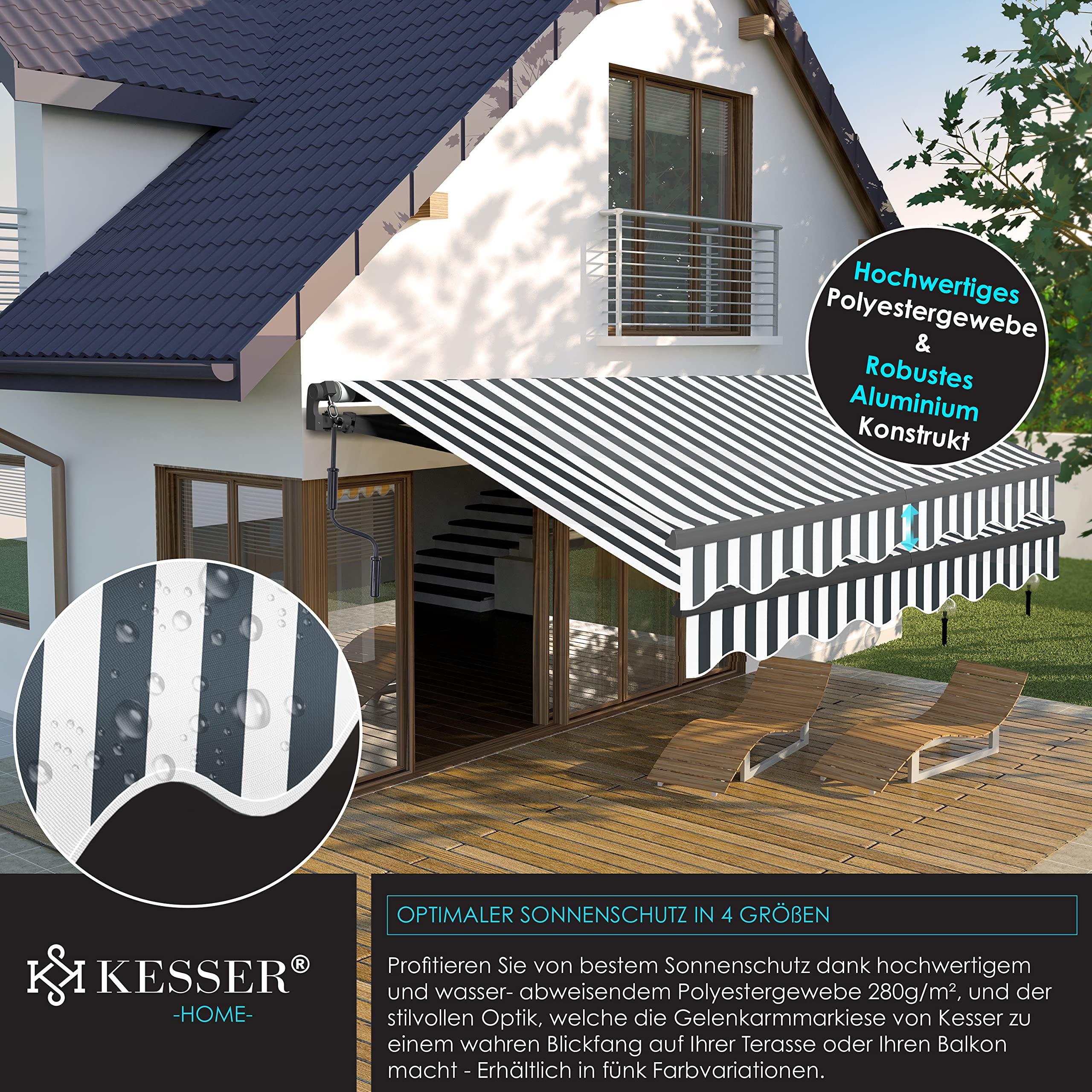 KESSER® Gelenkarmmarkise Markise Gelenkmarkise 250 x 200cm Terrassenmarkise Klemmmarkise Sonnenmarkise inkl. Wandhalterung Sonnenschutz Balkonmarkise wasserabweisend Alu/Polyester, Weiß/Anthrazit 8