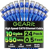 GEARit Cat6 Patch Cables Cat 6 Ethernet Cable 0.5 ft 24-Pack Blue | High Speed 24AWG 10Gbps RJ45 Snagless Gold-Plated, Ethernet Cable for Router, Switch, PC, PS5 Gaming, Server