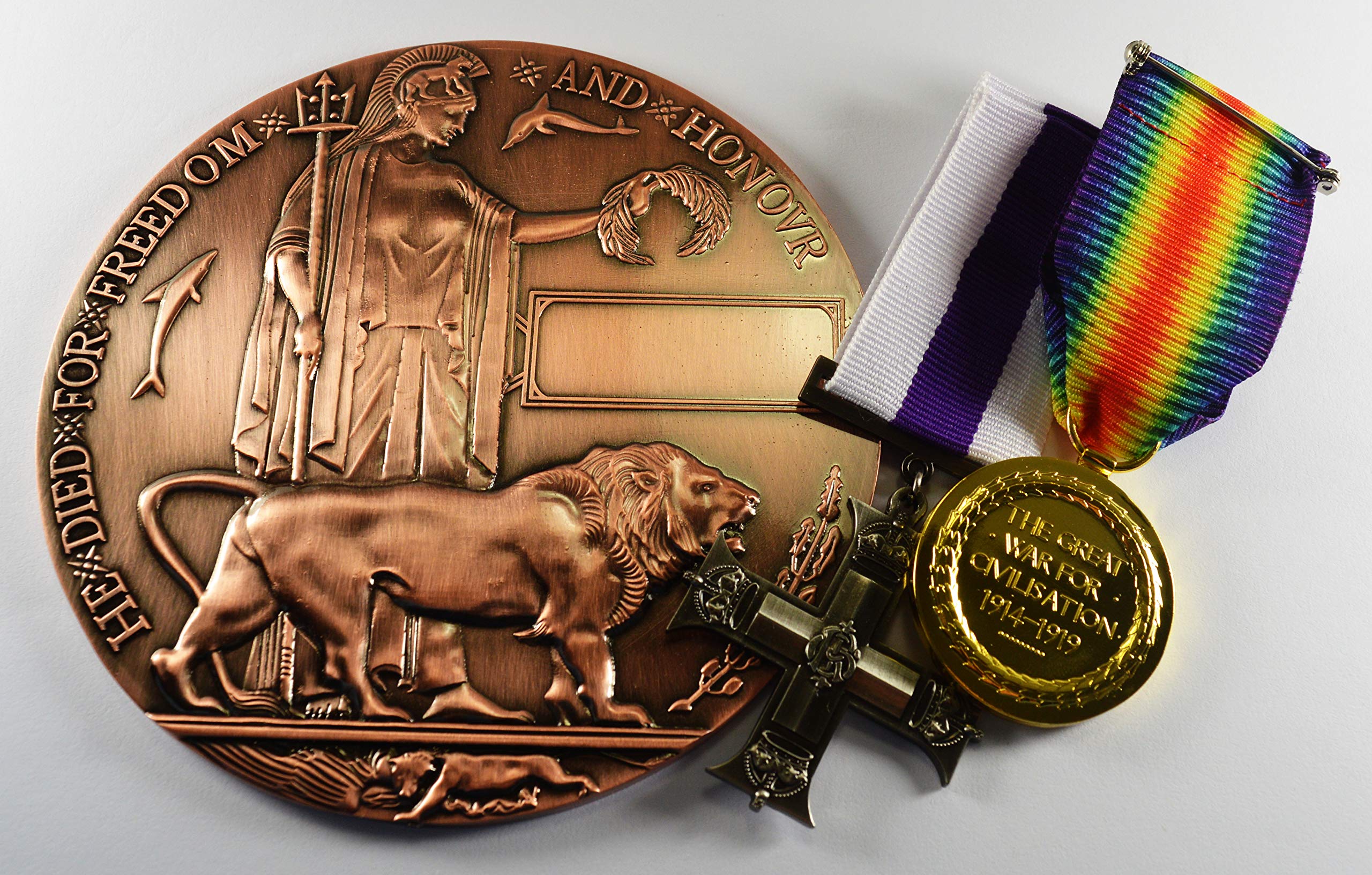 The Commemorative Coin Company Full Size Bronze World War 1 Memorial/Death Plaque and Medals. George V Gallantry Cross, Great War Victory Medal