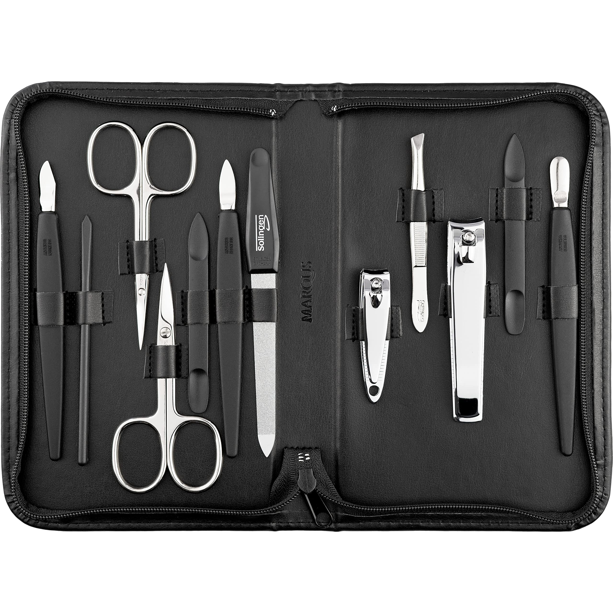 Solingen Manicure Set for Women and Men - 12 pcs kit - made in Germany incl. nailclippers & pedicure tools - Fashion leather case ideal for travelling, black