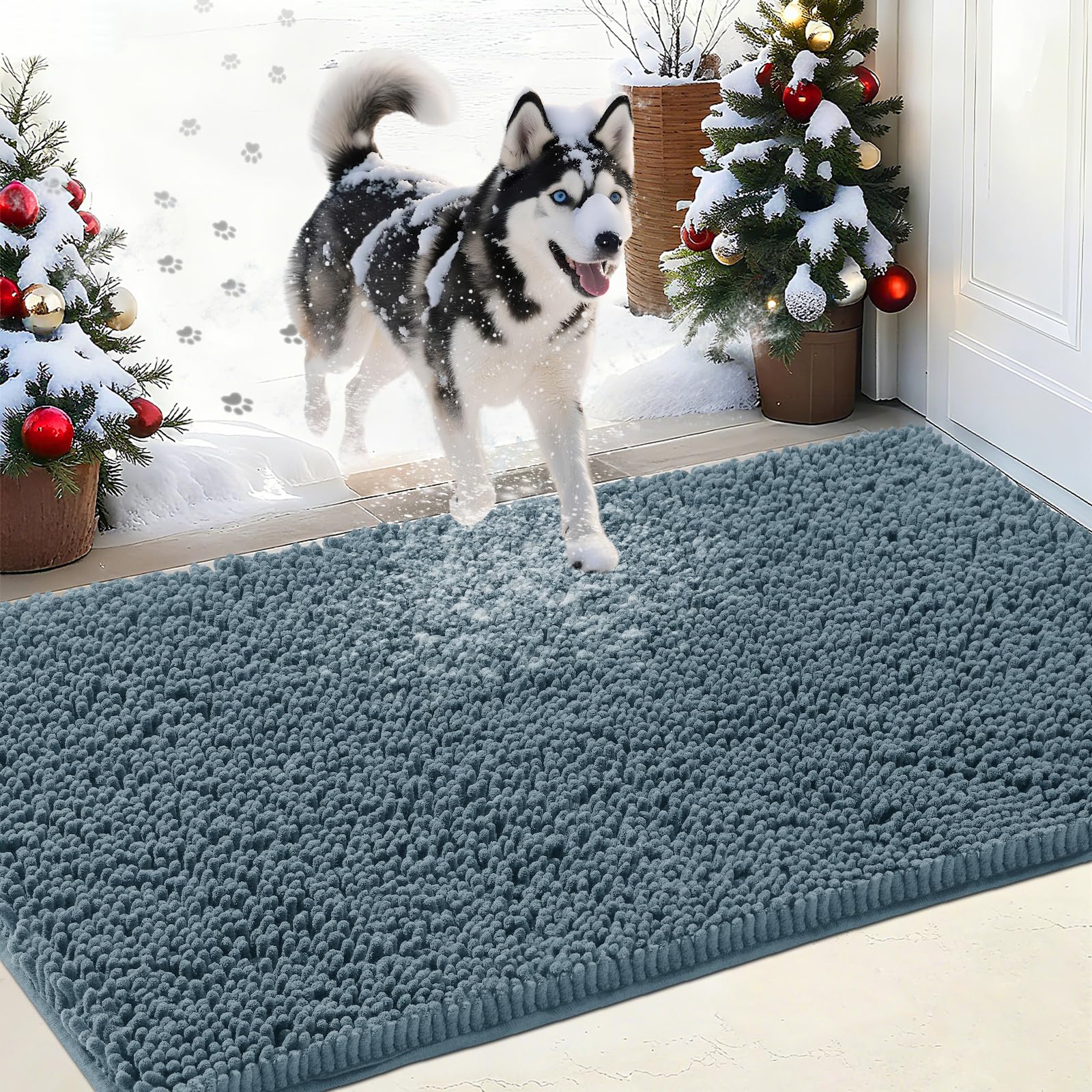 IM HOME Chenille Absorbent Outdoor Doormat 48" x 30", Washable Muddy Door Mats for Dog Non Slip Indoor Doormat Dog Mat for Muddy Paw Front Inside Doormats for Entryway Dusty Blue Image