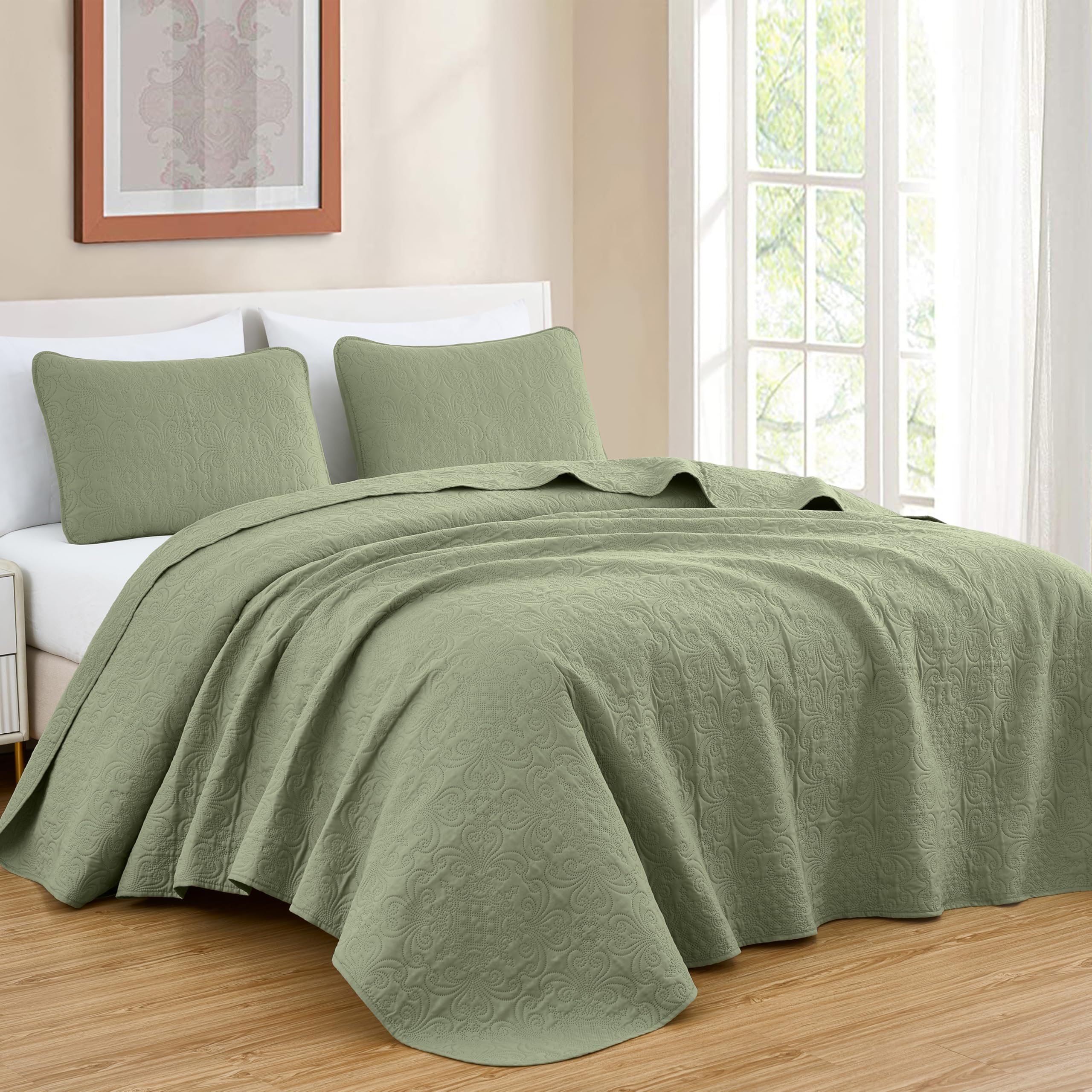 Photo 1 of Chezmoi Collection Luca 3-Piece Oversized Bedspread Set, Queen Size, Sage Green - Summer Quilt Lightweight Microfiber Bedspread 100 x 106 - Floral Medallion Pattern Coverlet for All Season