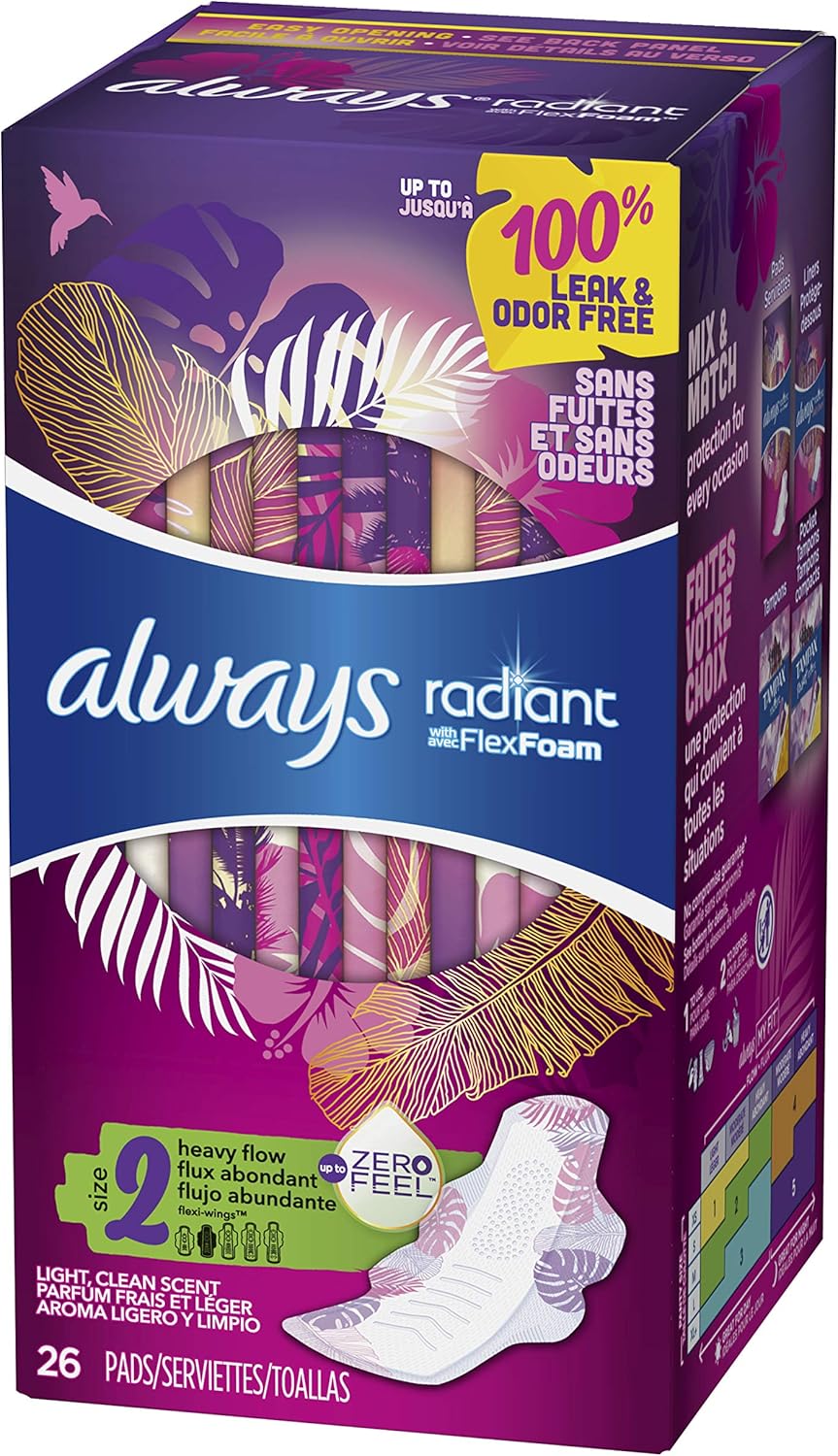 Always Radiant Feminine Pads for Women, Size 2, 78 Count, Heavy Flow Absorbency, with Flexfoam Wings, Light Clean Scent, 26 Count, Pack of 3 - 78 Count Total): Health & Personal Care