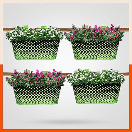 Patio by Bathla - Dia Hanging Metal Pot Holders/Planters for Balcony/Garden |Corrosion Resistant with Detachable Double Hooks |Grass - Set of 4