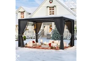 LVUYOYO Outdoor Louvered Pergola 10' x 13', Aluminum Pergola with Adjustable Roof, Waterproof Metal Gazebo with Curtains and Netting for Patio, Backyard, Garden, Deck (Black)