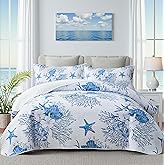 Coastal Bedding King Size Coastal Quilt with 2 Shams, Nautical Beach Comforter Sets Ocean Bedspreads Blue Starfish Coverlet Summer Bedding, 96''x106''
