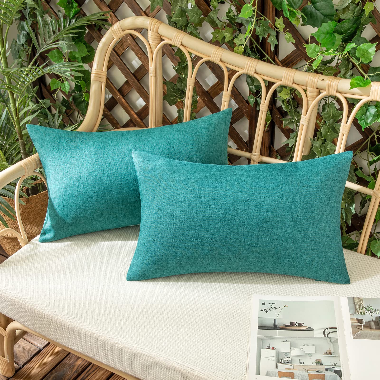 Photo 1 of Woaboy Set of 2 Outdoor Waterproof Throw Pillow Covers Decorative Farmhouse Pillowcase Solid Cushion Cases for Patio Tent Balcony Couch Sofa Car Turquoise 12x20 inch
