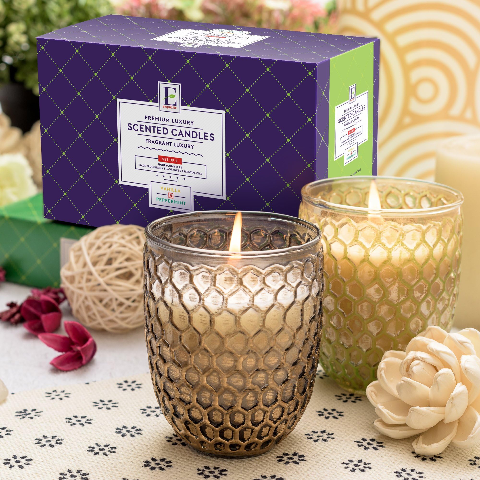 Exquizite Premium Highly Scented Luxury Candles - Gift Set of 2 Beautiful Honeycomb Jars - Peppermint and Vanilla, Best Gift!