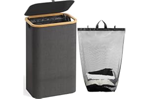 BATHOLA 100L Laundry Hamper with Lid, Large Laundry Basket with Bamboo Handles, Clothes Hampers for Laundry with Removable Bag, Dirty Clothes Hampers for Bedroom Aesthetic, Dark Grey