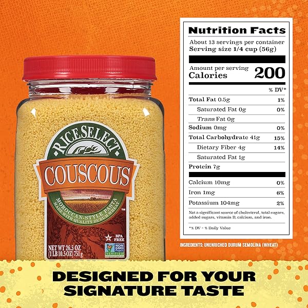 RICESELECT COUSCOUS, MOROCCAN-STYLE WHEAT COUSCOUS PASTA, NON-GMO, 26.5-OUNCE JAR, (PACK OF 1)