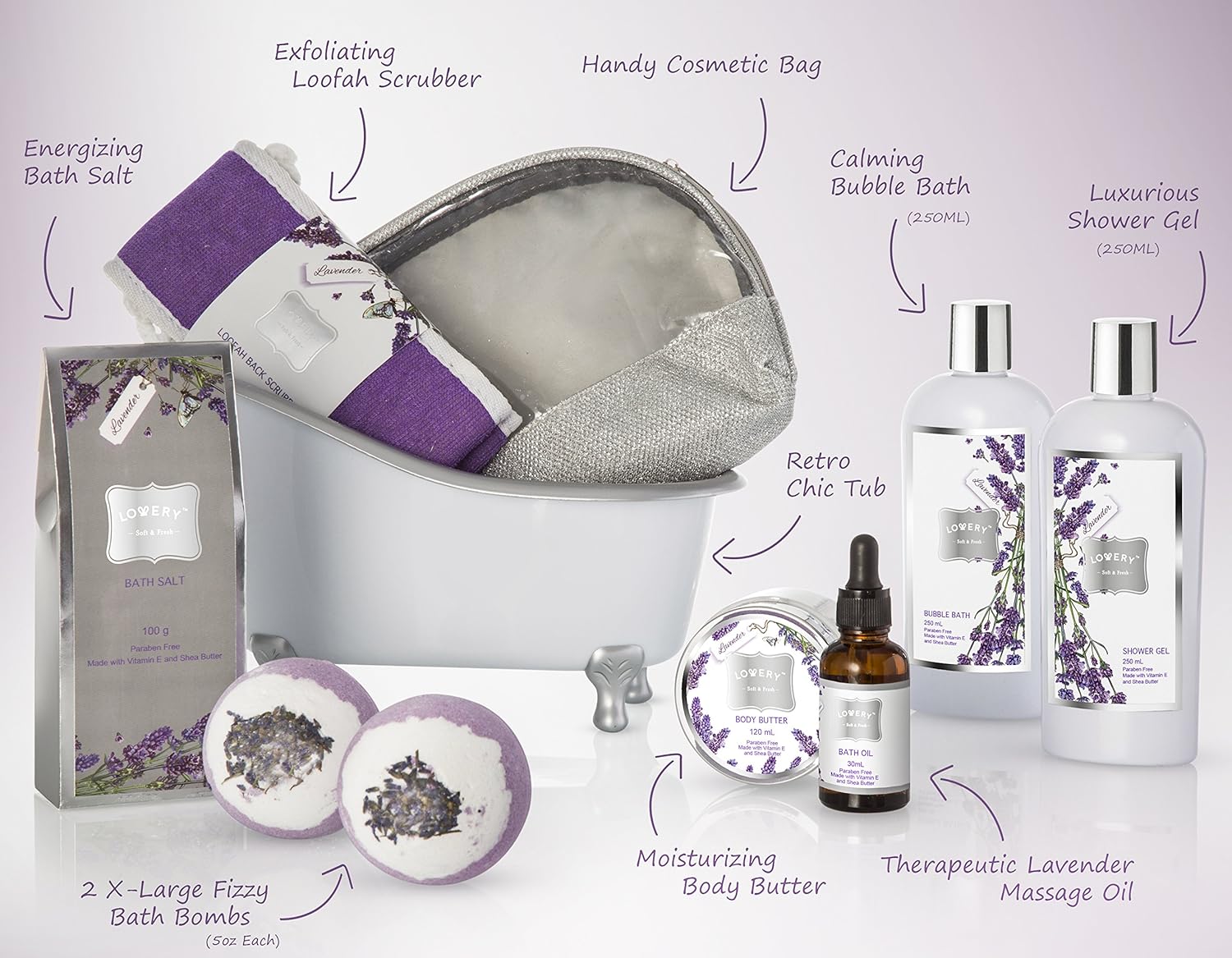 Bath Gift Basket Set for Women: Relaxing at Home Spa Kit Scented with Lavender and Jasmine - Includes Large Bath Bombs, Salts, Shower Gel, Body Butter Lotion, Bath Oil, Bubble Bath, Loofah and More : Beauty