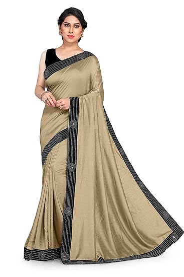 Womens Vichitra Silk Contrast Lace Border With Stone Work Saree With Un-stitched Blouse Piece