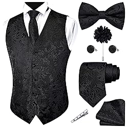 GUSLESON Black Vest Floral Suit Vest Tie and Bow