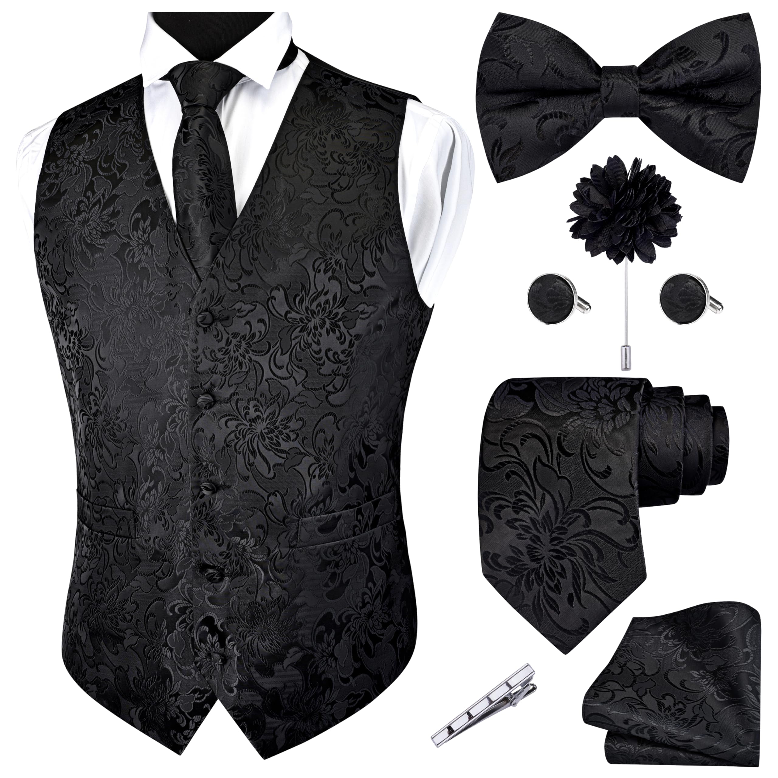 GUSLESON Black Vest Floral Suit Vest Tie and Bow