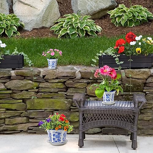 Trendy Chic Gifts on Point Oriental Blue and White Porcelain Plant pots  with Drainage Holes, mesh Tray for Indoor Outdoor Plants,3set Chinoiserie  Designs (8.3*5.1,6.3*4.6,4.9*4.2,Dynasty) Blue,white in Kenya | Whizz Pots