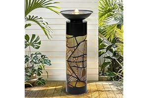 Autodaya 31.5" H Metal Cutout Geometric Patterns Outdoor Water Fountain with LED Lights, 2-Tier Modern Pedestal Waterfall Fountains, Ideal for Garden, Yard, Patio Décor
