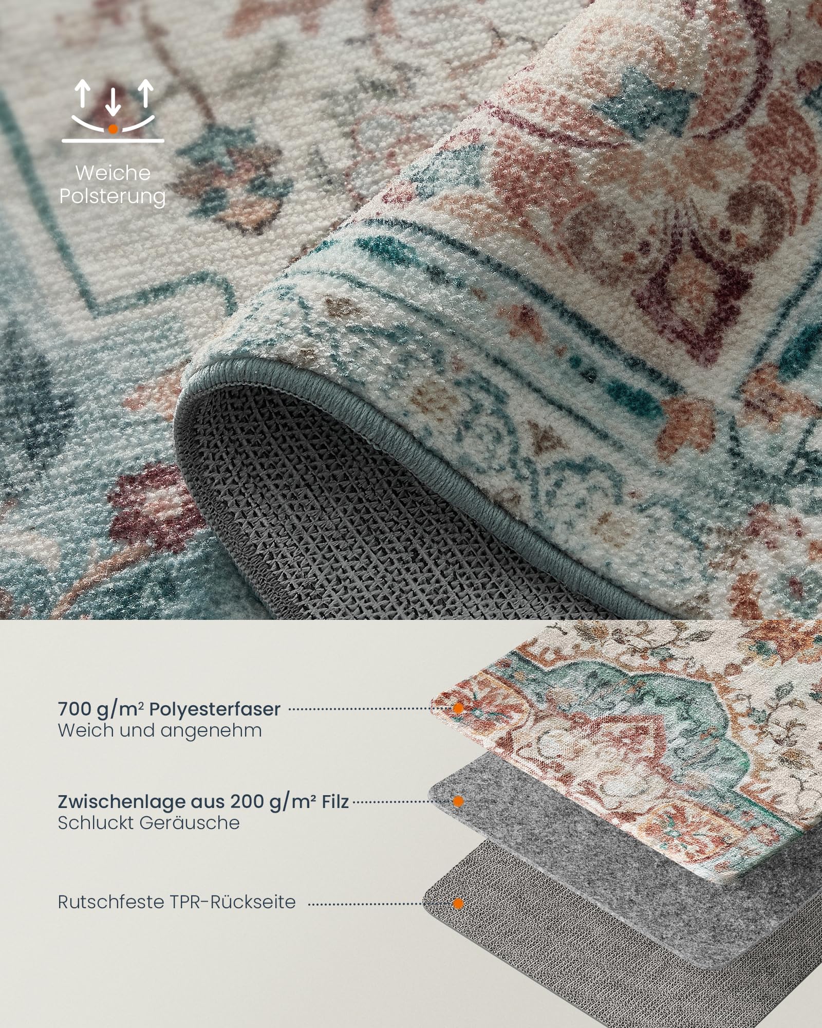 SONGMICS HOME Vintage Teppich, 120 x 170 cm, Wohnzimmerteppich, Schlafzimmerteppich, Waschbarerteppich, Rutschfester Teppich, für Küche, Flur, Esszimmer, aquamarinblau TAR032Q01 3