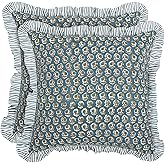 Ridhi Block Print Peacock Blue Throw Pillow Cover 20" x 20" (Pack of 2) Decorative Cushion Covers with Ruffle for Couch, Sofa, Bed, Living Room, Home Decor Gift for Spring, Easter, Valentine