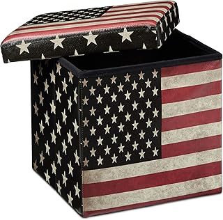 Relaxdays Faltbarer Sitzhocker 38 cm stabiler Sitzwürfel mit trendigen Motiven als praktische Fußablage als Sitzwürfel mit bedrucktem Kunstleder als Aufbewahrungsbox mit Stauraum und Deckel, USA